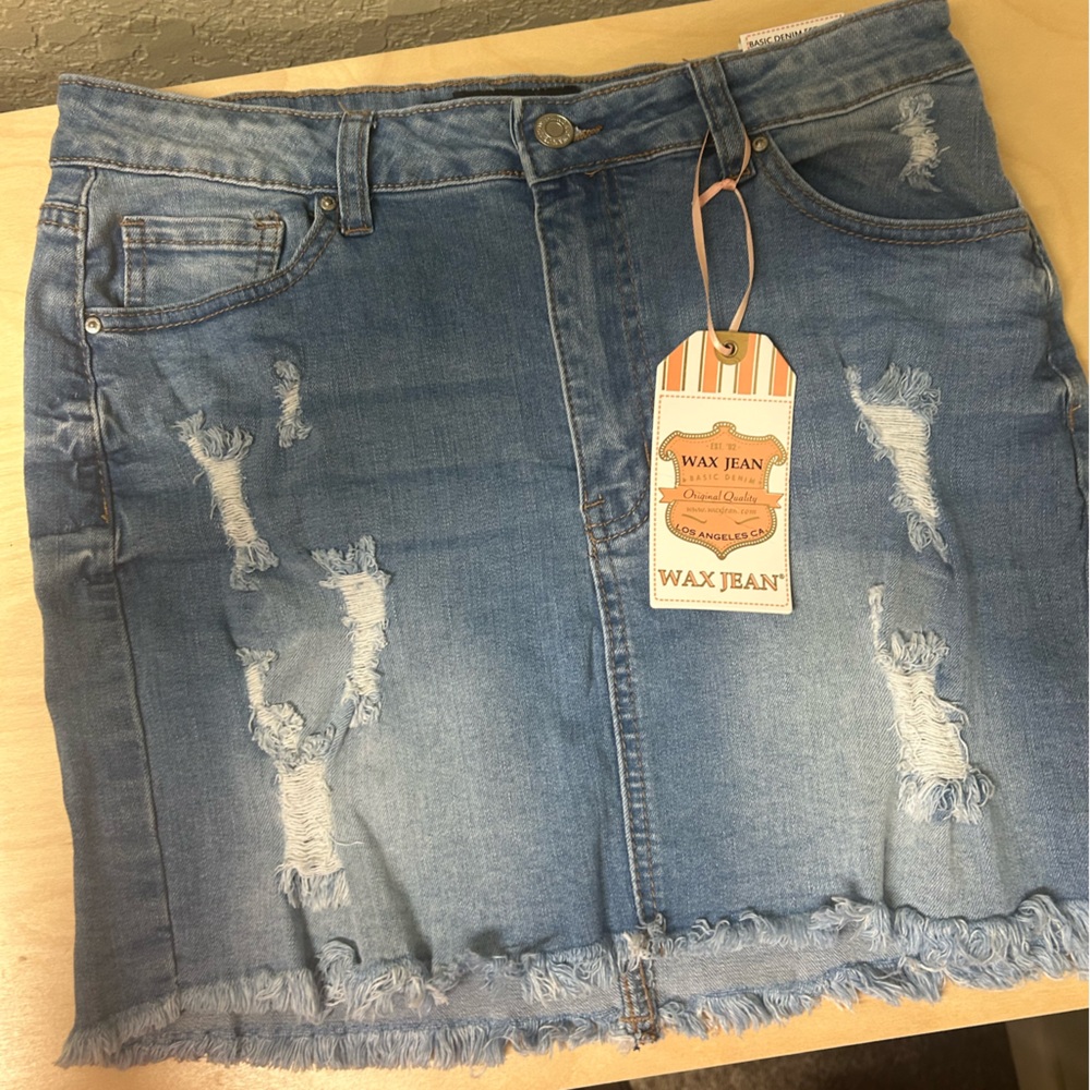 Wax Jean Distressed Denim Skirt - Blue